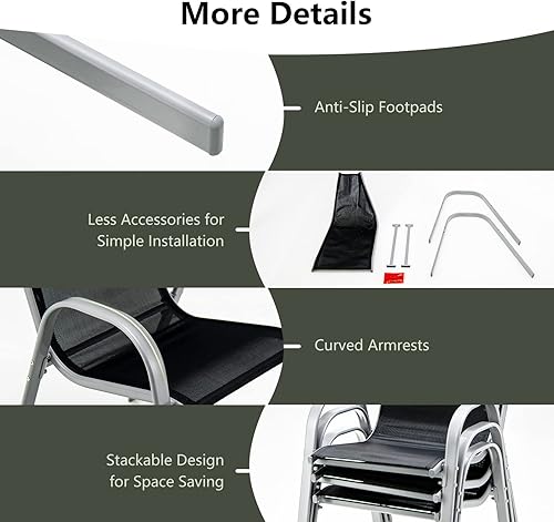 Miniatura 7 de Tangkula Juego de 4 sillas de comedor para patio, apilables, resistentes para todo tipo de clima, con reposabrazos, soporta 330 libras, para