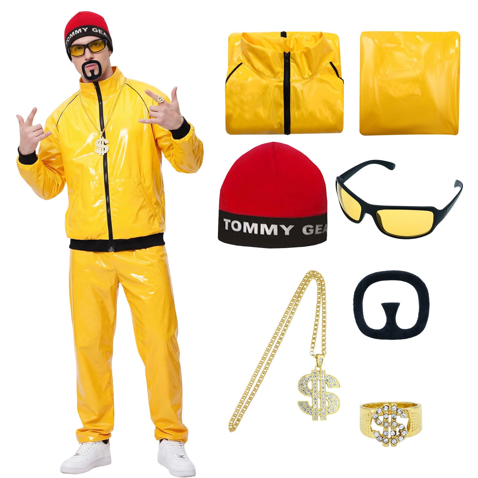 Antsparty 90s Rapper Celebrity Ali g Costume Adult, 90s 80s Yellow Shell Suit with Necklace Glasses Beard, 90s Fancy Dress Costume for Carnival Party Halloween Stag Do