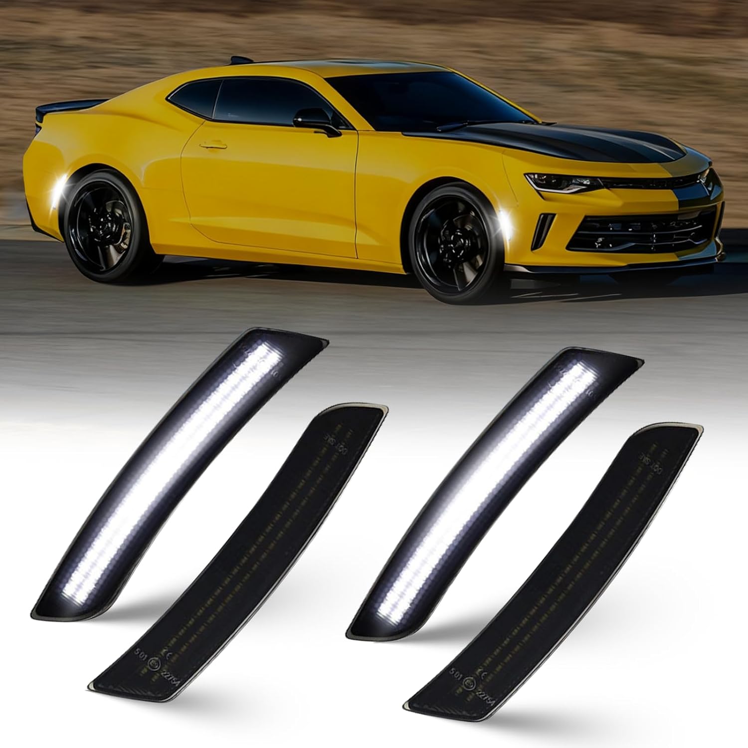 NoxiAnto White Full LED Side Marker Lights for Chevy Camaro 2016-2023, OEM Upgraded White Front & Rear Bumper Marker Lamps Smoked Lens, Pack of 4
