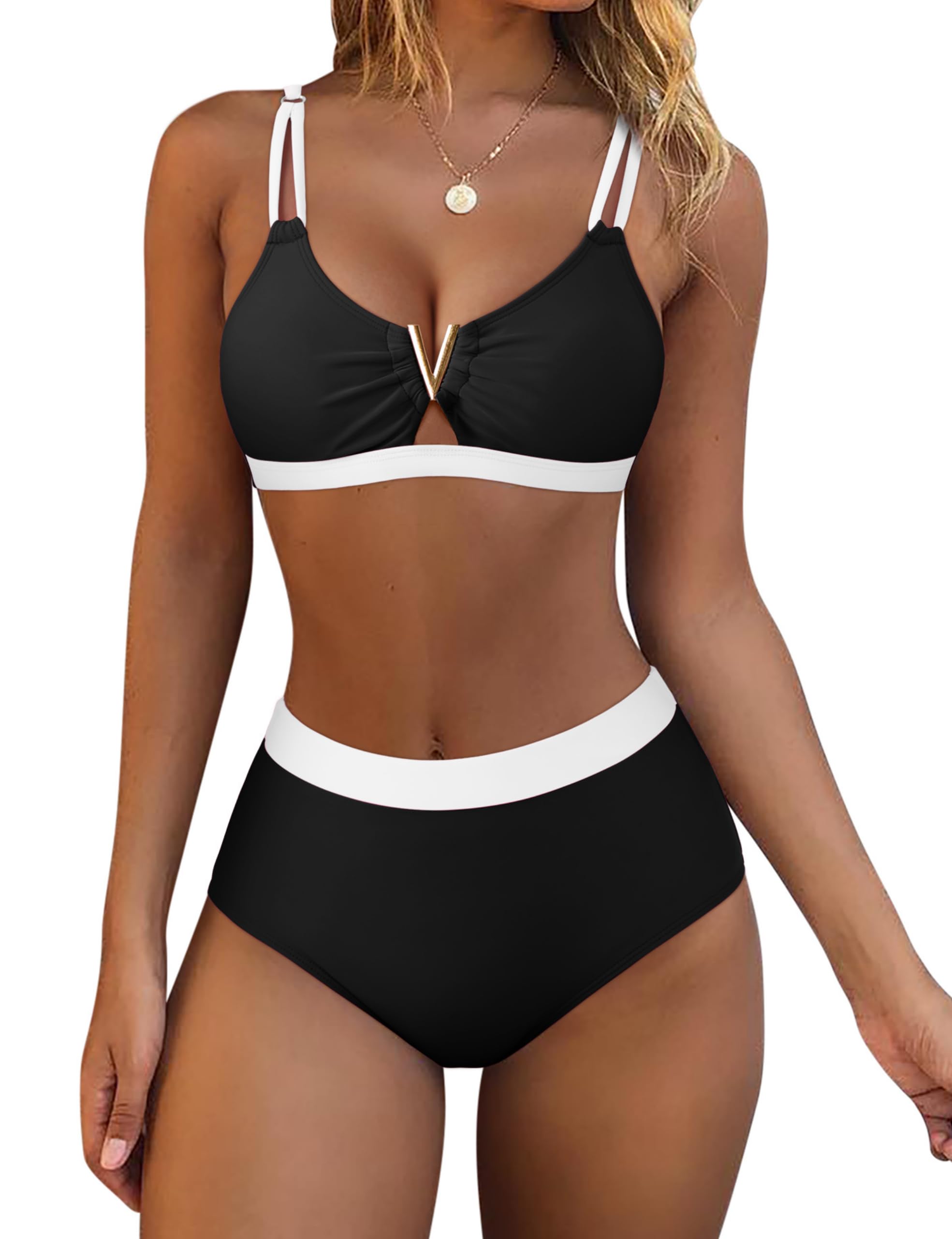 RXRXCOCO V-Wire Cutout High Waisted Bikini Sets for Women Double Straps Color Block Swimsuits Two Piece Bathing Suits