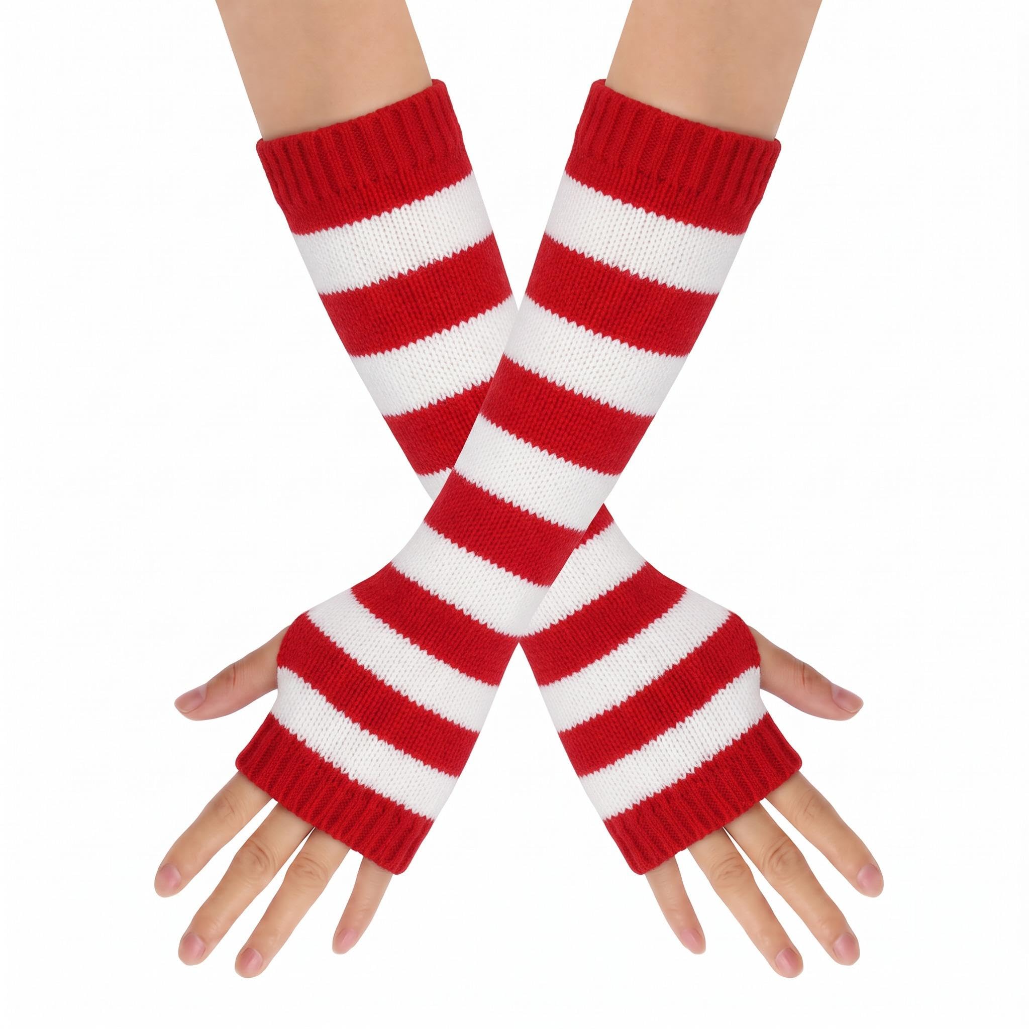 Leryavow Striped Punk Gothic Rock Long Arm Warmer Fingerless Gloves K Red White