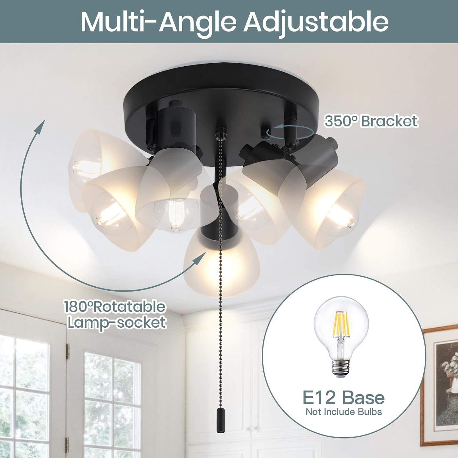 KEESFU 3-Light Black Pull Chain Track Lighting, Adjustable Multi-Directional Ceiling Light Fixture with Glass Shades, Flush Mount for Kitchen Island, Dining Room, Hallway E12 Base (No Bulbs)