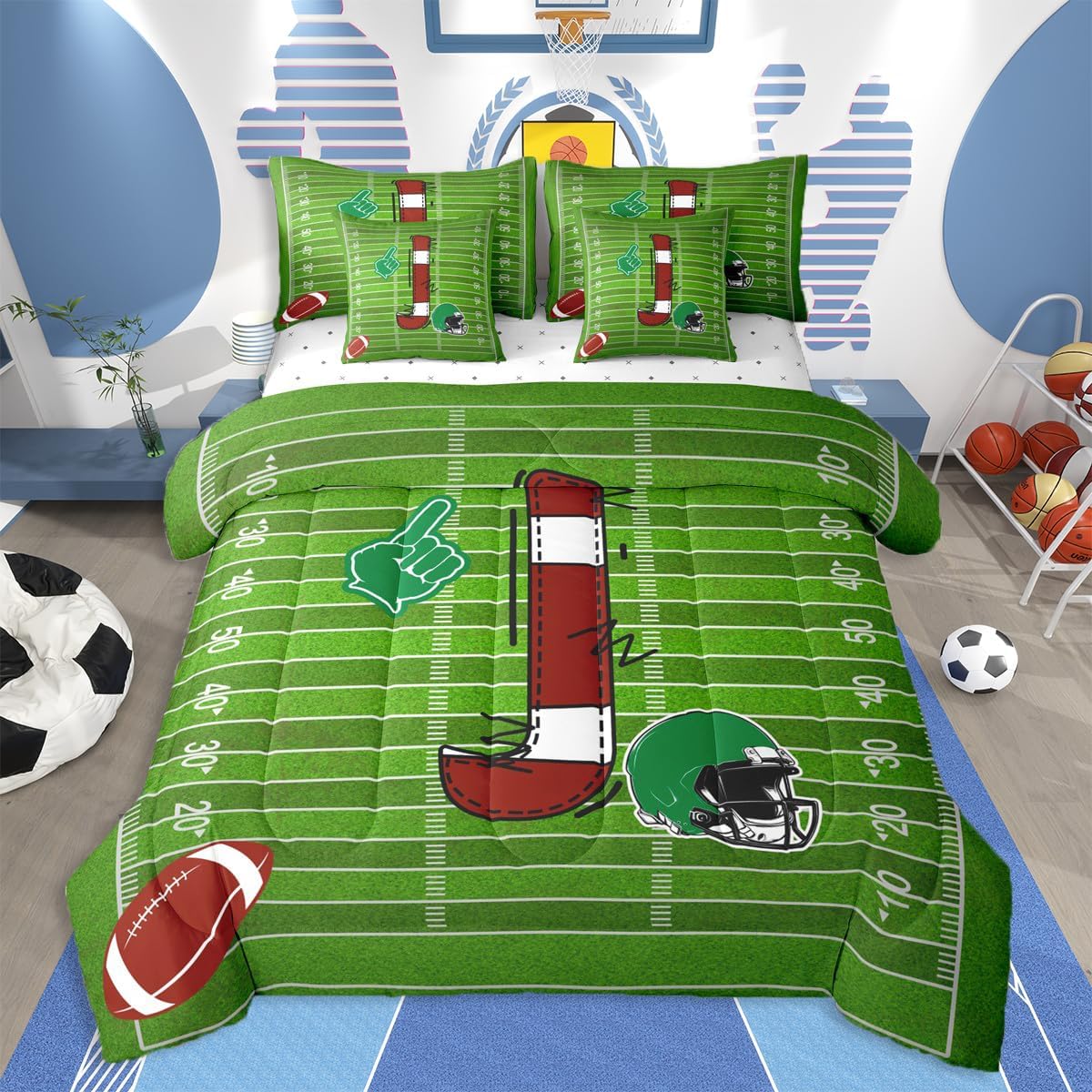 jejeloiu Football Comforter Set Twin 7 Pieces Inspirational Gifts for Football Lover Bedding Set for Kids Boys Girls Initial J Bed in a Bag Monogrammed Room Decor All Season Quilted Soft Lightweight