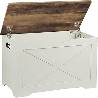 Storage Chest, Wooden Storage Bench, Entryway Shoes Bench with 2 Safety Hinges, for Living Room, Bedroom, 15.7 x 31.5 x 18.9 Inches, Brown and Rustic White