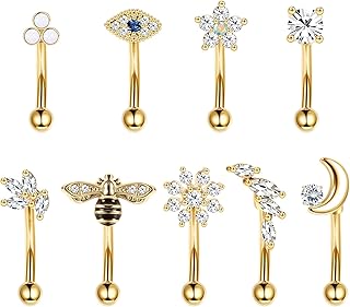 9Pcs Rook Piercing Jewelry for Women 8mm Barbell Body Piercing Surgical Steel Rook Earrings 16G