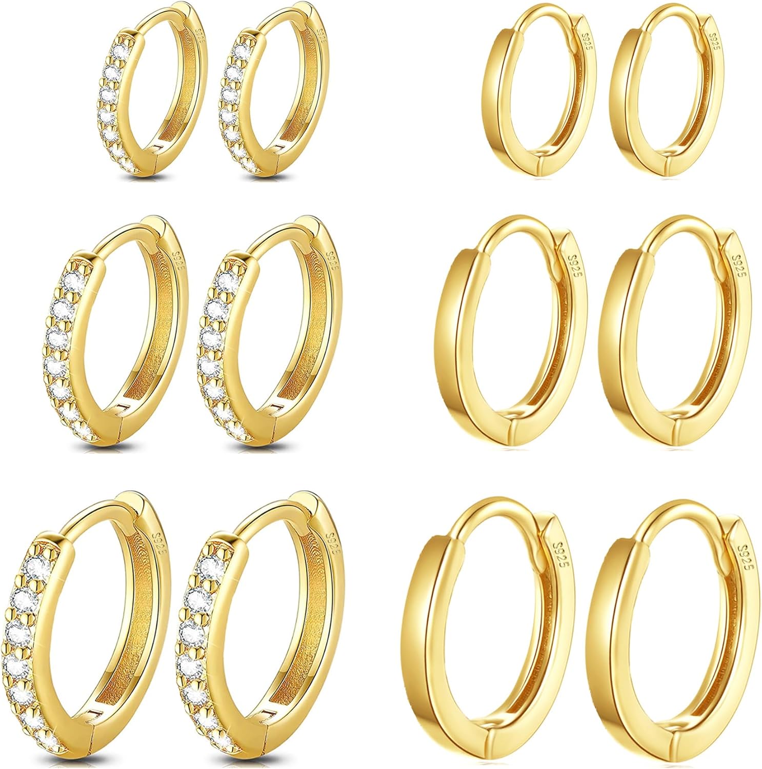 Cocadant 6 Pairs 925 Sterling Silver Small Hoop Earrings for Women,14k Real Gold Hypoallergenic Tiny Cubic Zirconia Cartilage Huggie Earring Sets for Multiple Piercing Trendy Jewelry 8/10/12mm