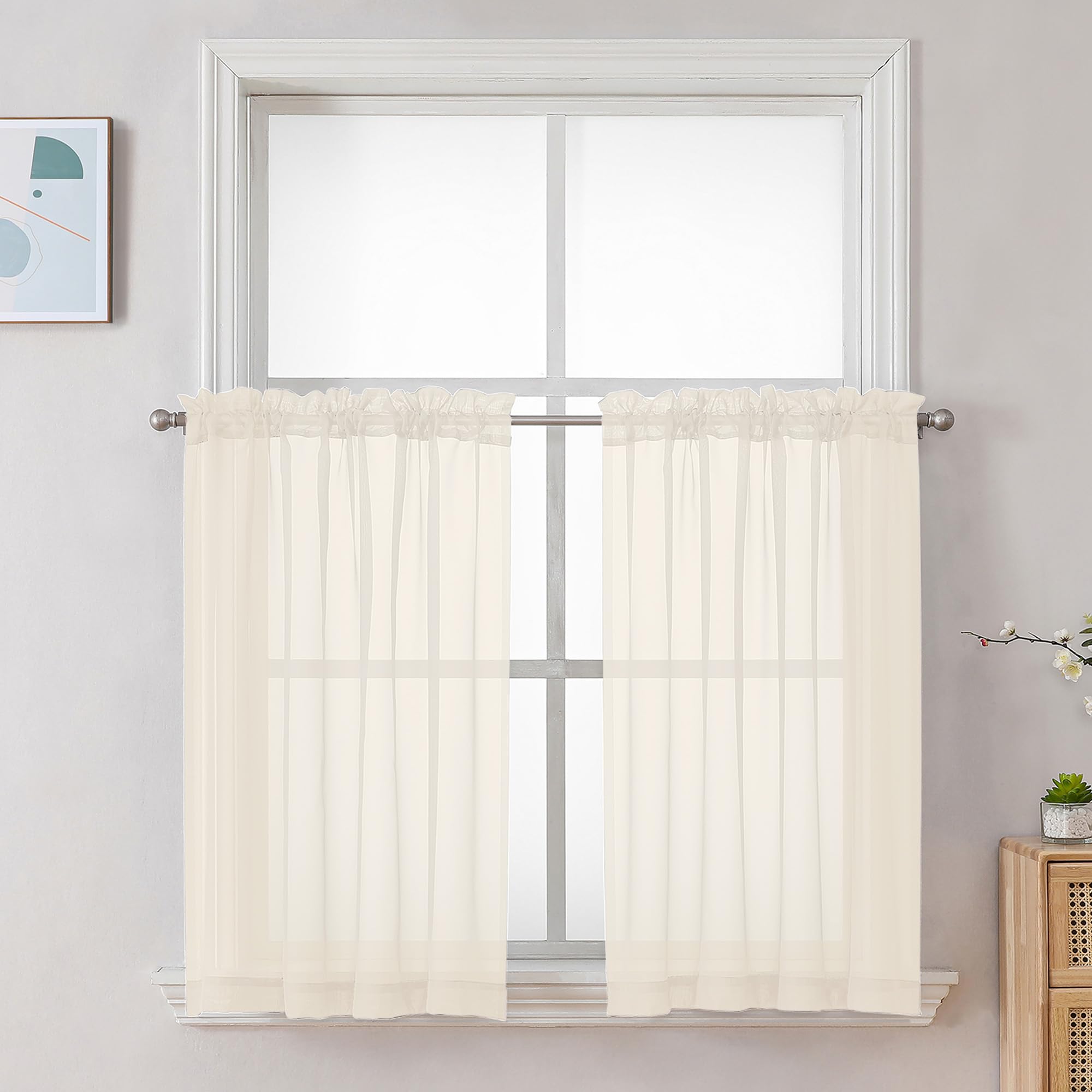 Photo 1 of Chyhomenyc Cream Sheer Curtains 36 inch Length 2 Panels Set, Light Filtering Voile Short Window Curtians for Bathroom Living Room Farmhouse Small Windows, Each 42Wx36L in, 2PCS