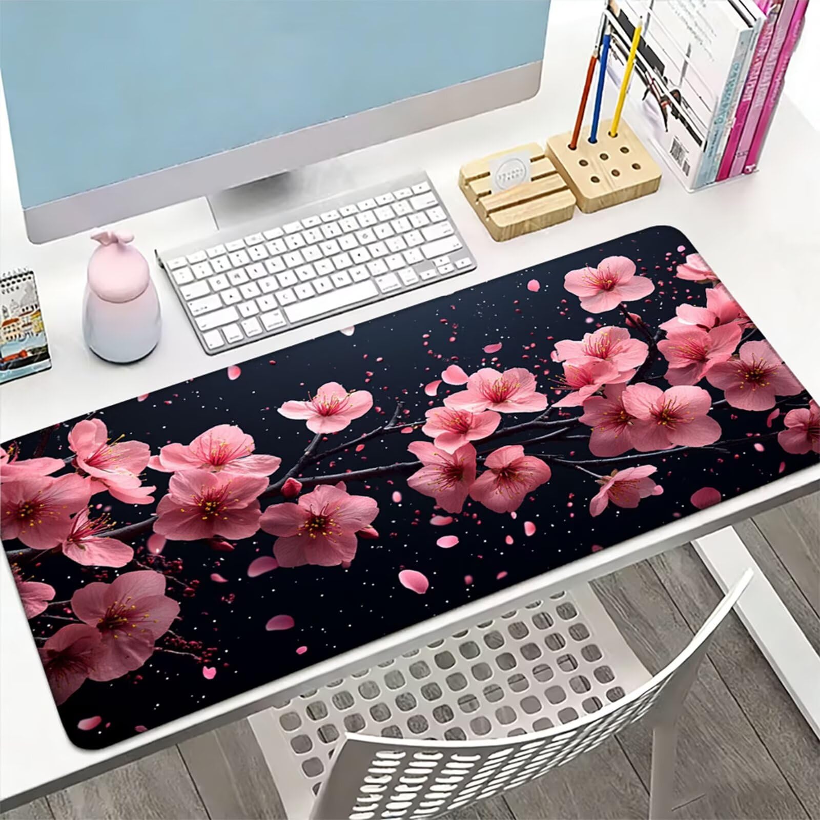 Podkładka pod mysz XXL 1000 x 500 x 3 mm, duża czarna podkładka pod mysz z wodoodporną i gumową antypoślizgową kwiatową pod ręką biurko zszyte krawędzie, poprawia precyzję i szybkość dla gracza W-124
