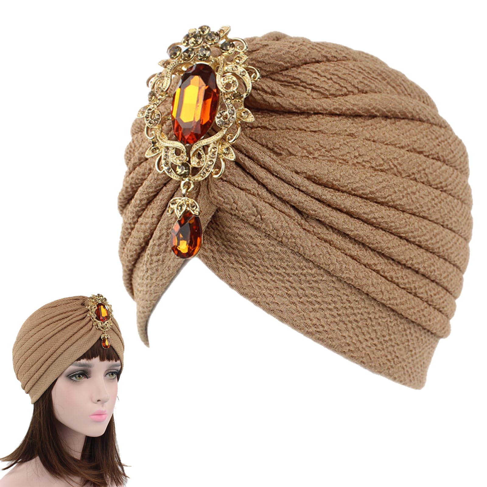 EULAPGOE Turban Hat for Women 1920s Elastic Handkerchiefs with Crystal Brooch with Pleats for Cocktail Party Gatsby 1920s Vintage Festival (Style 2)