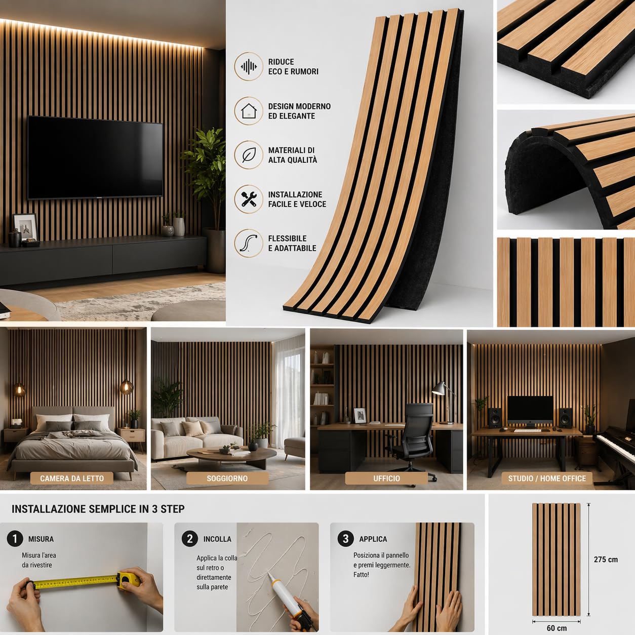 FUTURAzeta-Pannelli Acustici Decorativi in MDF 60x275 cm finitura TEAK– Doghe Flessibili Fonoassorbenti – Rivestimento Parete Design Moderno – Riduce Eco e Rumore – Facile Installazione