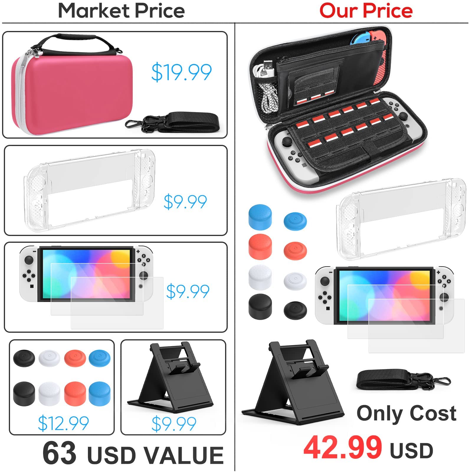 FYOUNG Étui de Transport et Housse de Protection, Kit Accessoires Compatible avec Switch OLED, Case de Voyage Portable, Coque pour Switch OLED, Protection D'écran, Capuchons de Pouce - Rose