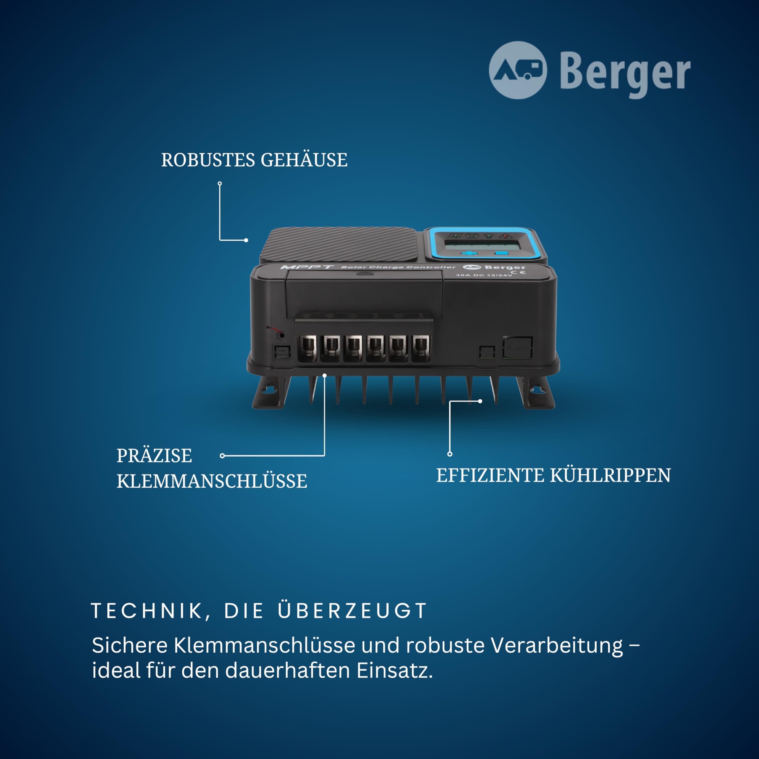 BERGER MPPT-Solarladeregler SX PRO | Laderegler Solar 12 V / 24 V | Kompatibel mit LiFePO4, AGM & Gel-Batterien | Hoher Energieertrag für Solarpanel Camping Solartasche (30 A)