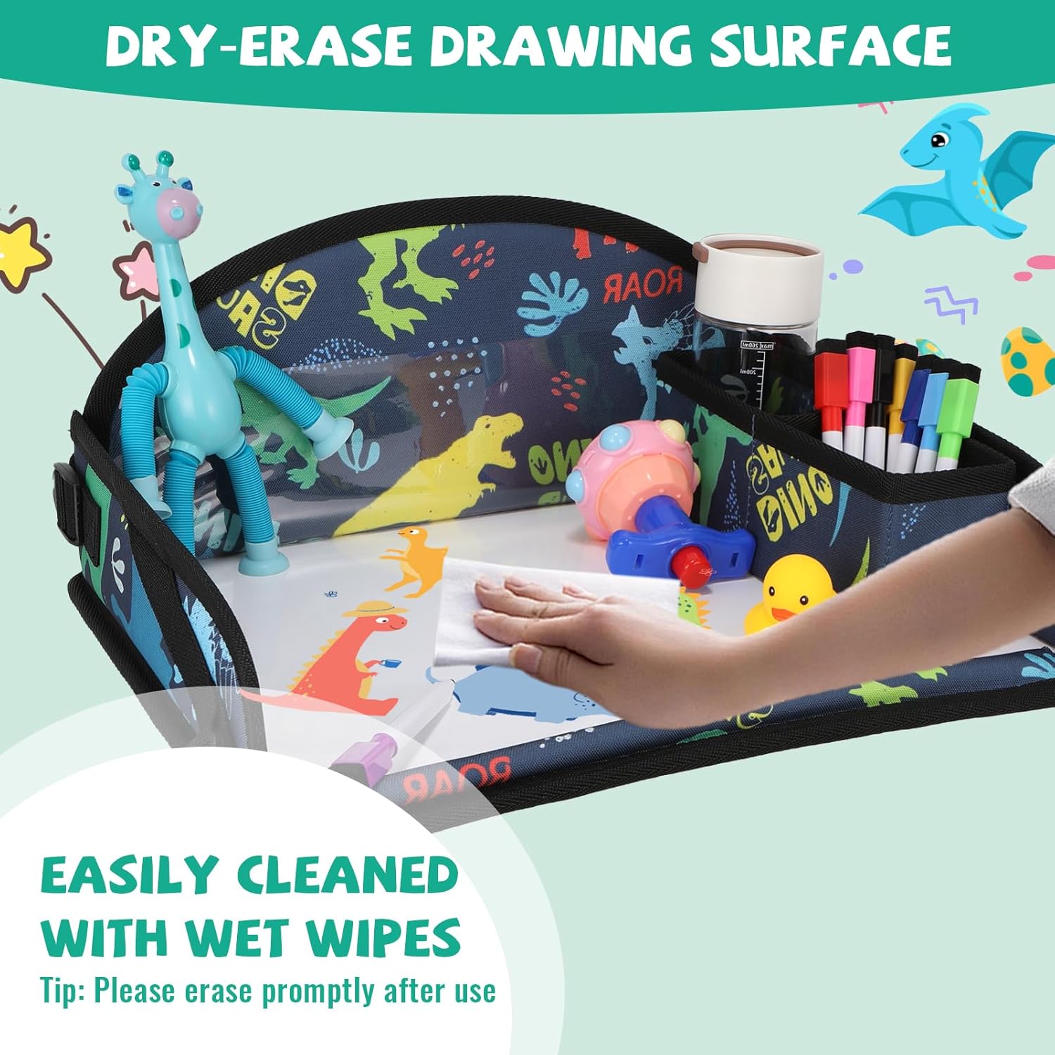 Kids Travel Tray for Airplane - Toddler Car Seat Table Tray, Road Trip Essentials for Boys & Girls, Carseat Lap Desk for Kids Road Trip Activities, Dinosaur image 7 of 7 B0F21S1LK6