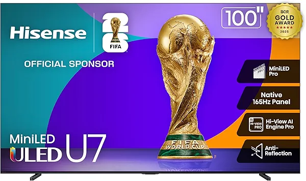 Hisense 100" U7 Mini-LED ULED 4K UHD Best Premium Gaming Google Smart TV (100U75QG, 2025 Model) - QLED, Native 165Hz, VRR 288, Up to 3000 Nits, HDR10+, Dolby Vision IQ · Atmos, IMAX Enhanced, 2.1.2 Ch
