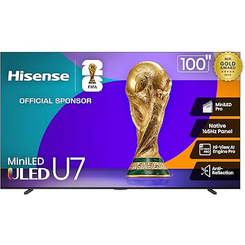 Hisense 100" U7 Mini-LED ULED 4K UHD Best Premium Gaming Google Smart TV (100U75QG, 2025 Model) - QLED, Native 165Hz, VRR 288, Up to 3000 Nits, HDR10+, Dolby Vision IQ · Atmos, IMAX Enhanced, 2.1.2 Ch