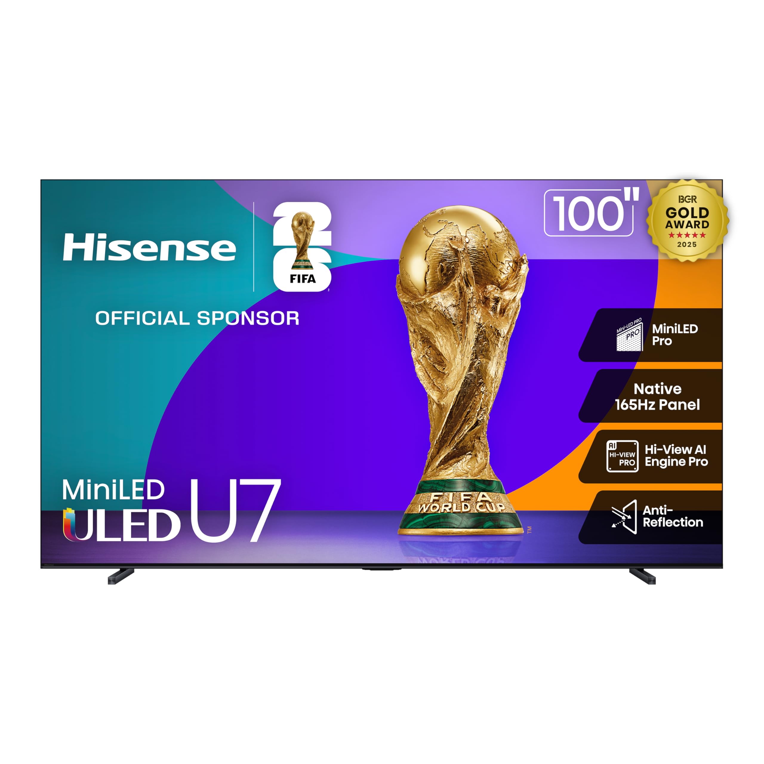 Hisense 100" Class U7 Mini-LED ULED 4K UHD Google Smart TV (100U75QG, 2025 Model) - QLED, Native 165Hz, VRR 288, Up to 3000 Nits, HDR10+, Dolby Vision IQ · Atmos, IMAX Enhanced, 2.1.2 Ch Surround