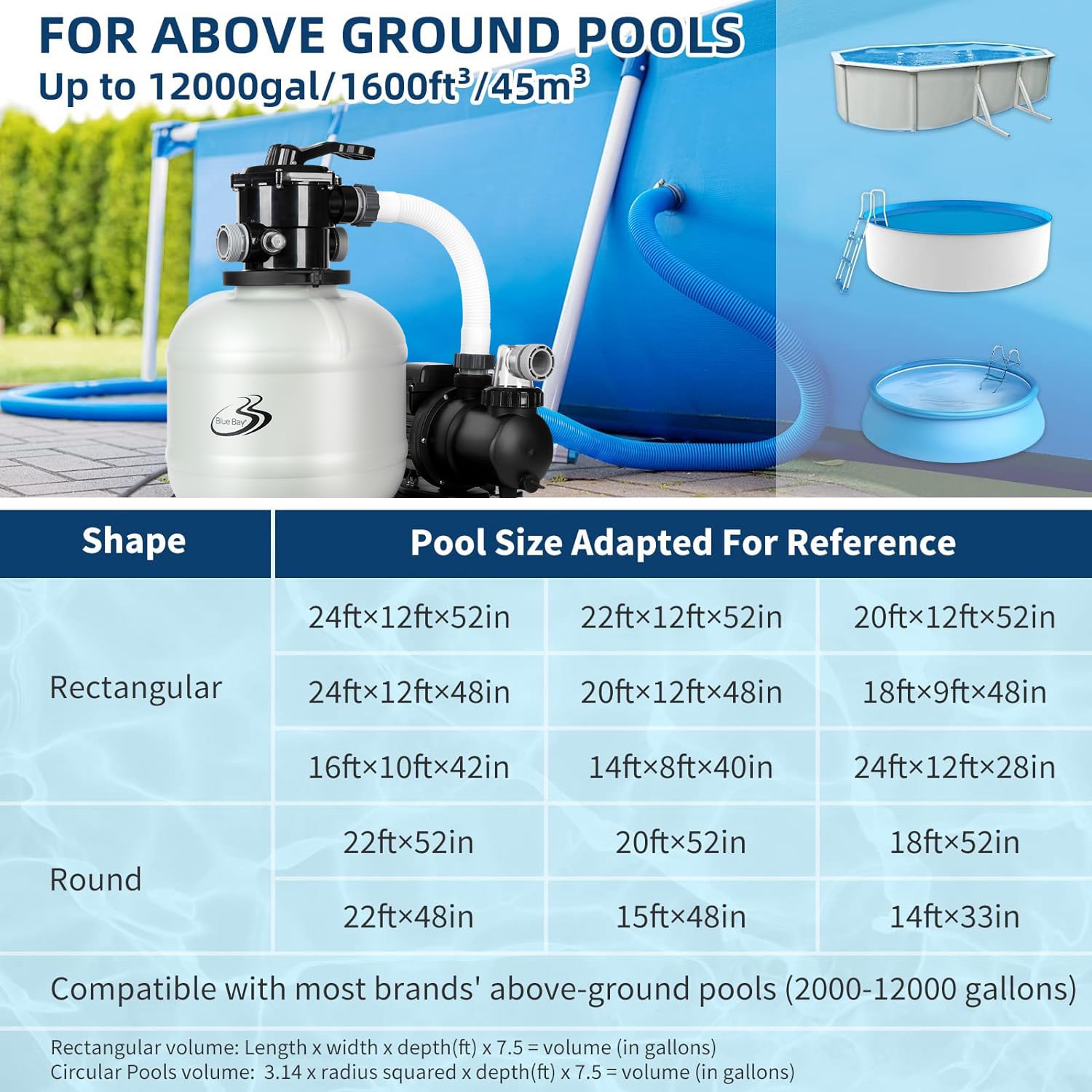 BlueBay Pompe filtrante à sable 15" avec minuterie 1/2 HP / 2250 GPH pour piscines hors sol jusqu'à 10 000 gallons, valve à 7 voies, installation facile, gris