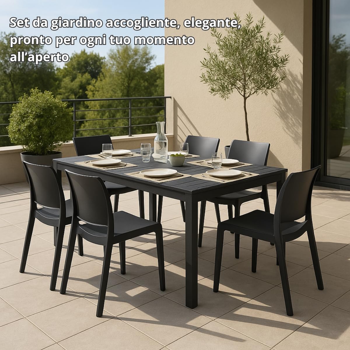 Tomaino - Tavolo da Giardino con Sedie per Esterno - Set Lion King composto da Tavolo King con 6 Sedie Volga Impilabili - Balcone, Veranda (Bianco)
