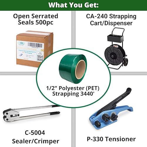 Miniatura 3 de IDL Packaging Kit de flejado de poliéster (PET) estándar de 12 pulgadas x 3440 pies con carrito, resistencia a la rotura de 780 libras - Solución