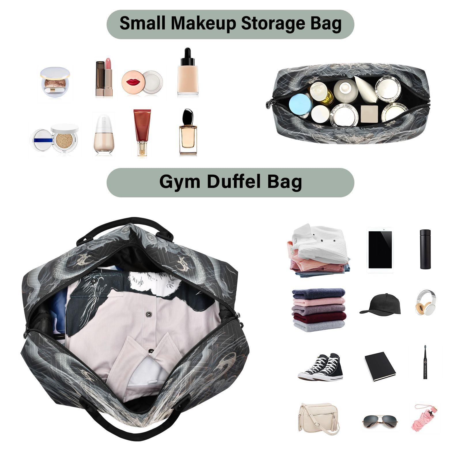 Grauer Drache Heftig Orientalisch Sporttasche Handtasche mit Make-up Aufbewahrungstasche Badetasche für Reisen Mädchen Männer