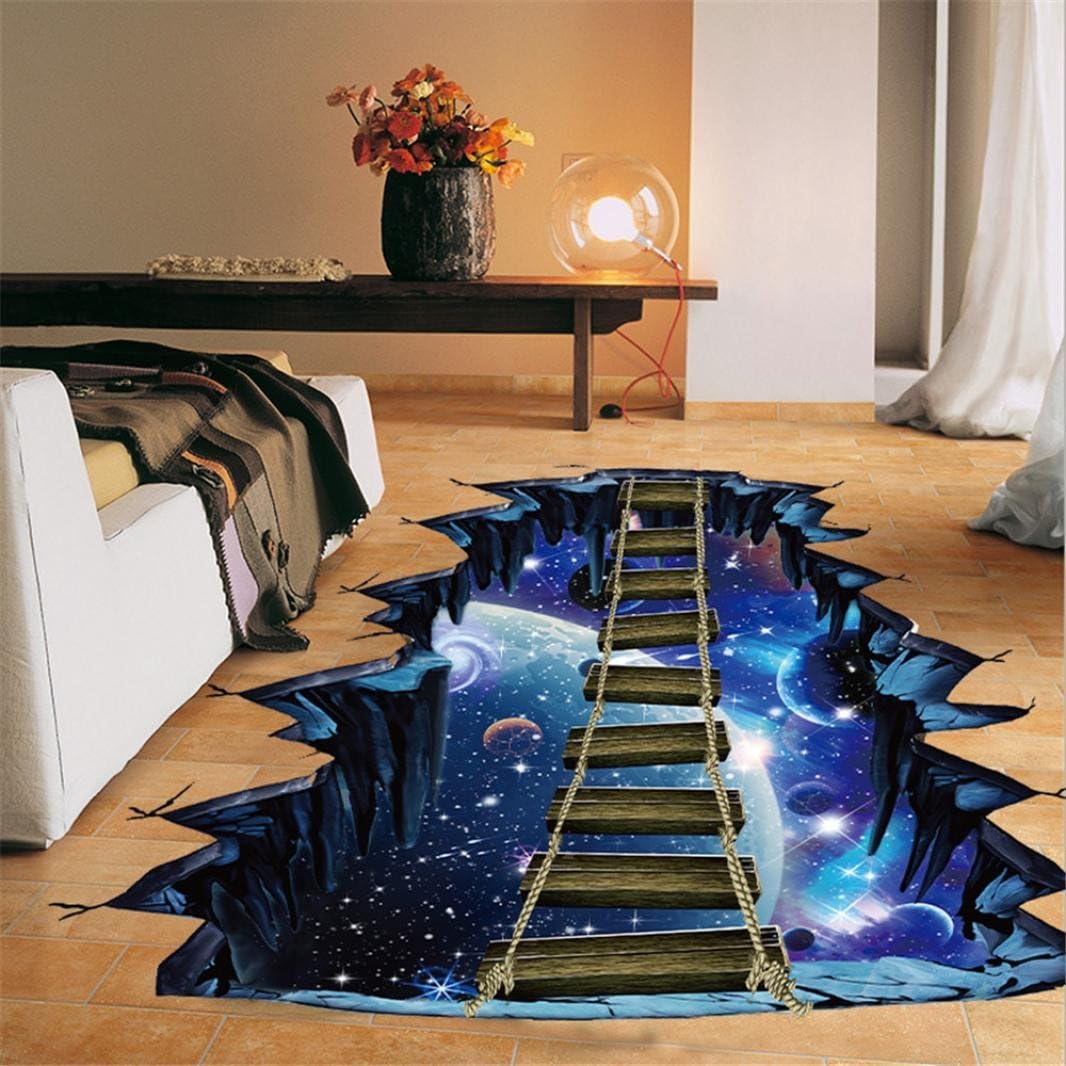 Quistal 3D Interstellar Space Floor Stickers, Galaxy Suspension Bridge Wall Decals, Milky Way Decorations (Blue)