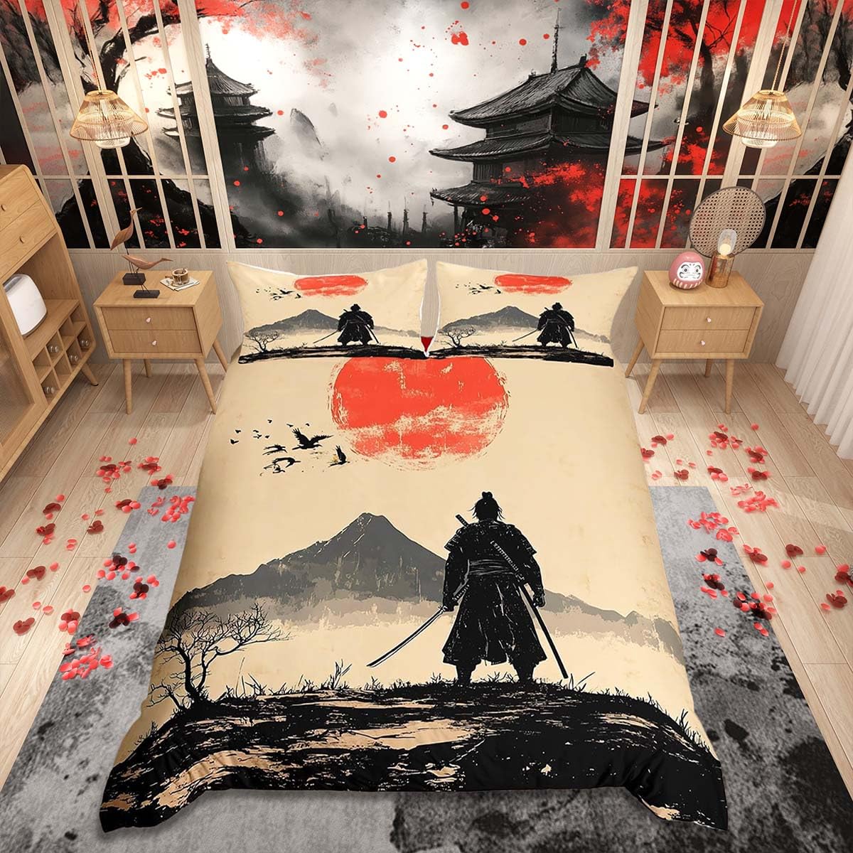 Loussiesd Samurai Duvet Cover Set King Size Fuji Mountain Pattern Bedding Set Kids Boys Girls Sunset Nature Pattern Duvet Cover with 2 Pillowcases Japanese Style Bedding