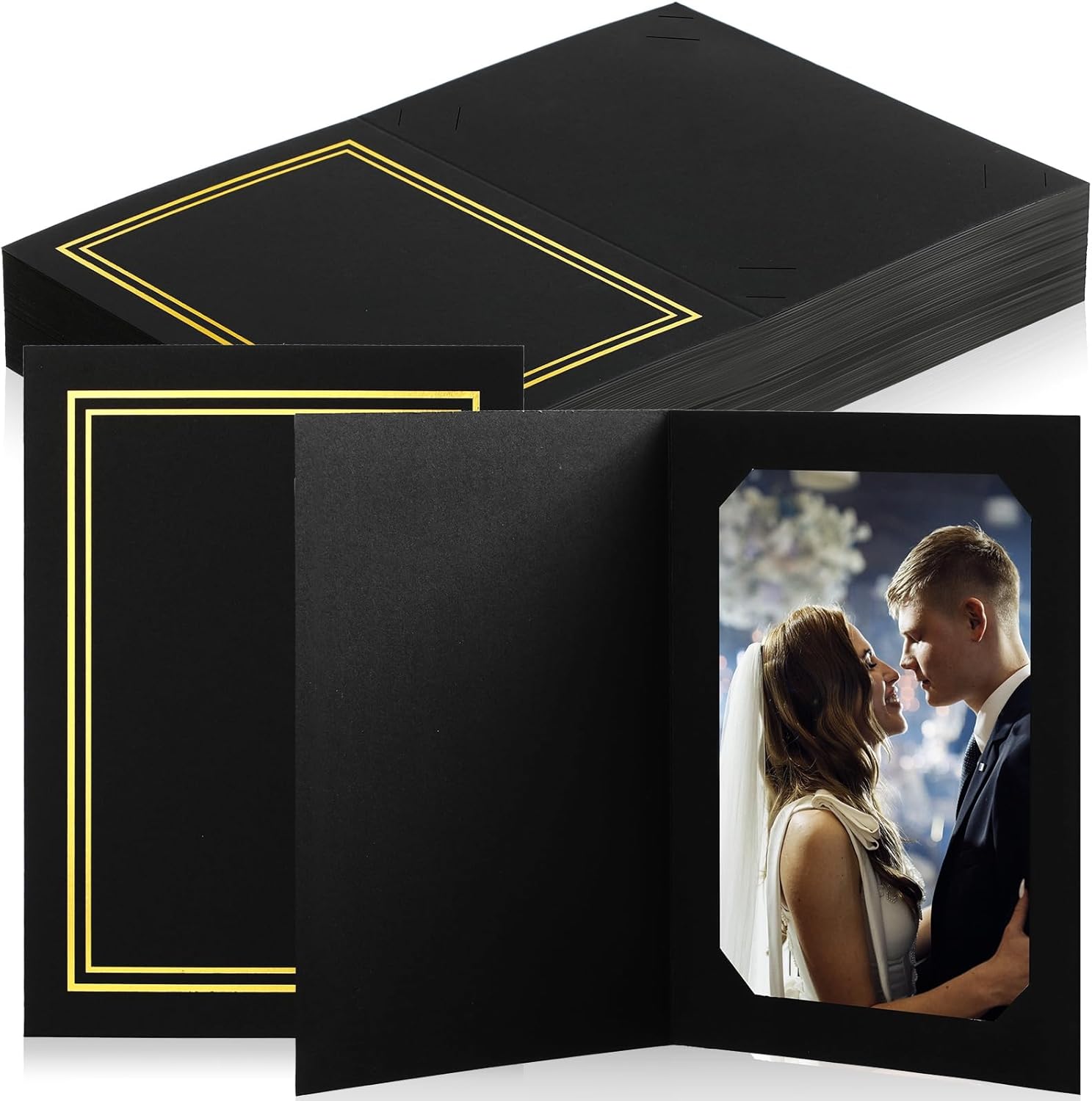Fainne 100 Pcs Photo Folders for 4x6 or 5x7 Pictures Photo Frame Note Cards Paper Greetings Cardboard Picture Frame Inserts Cards Picture Insert Notecard for Portraits(Black, Silver Lining)