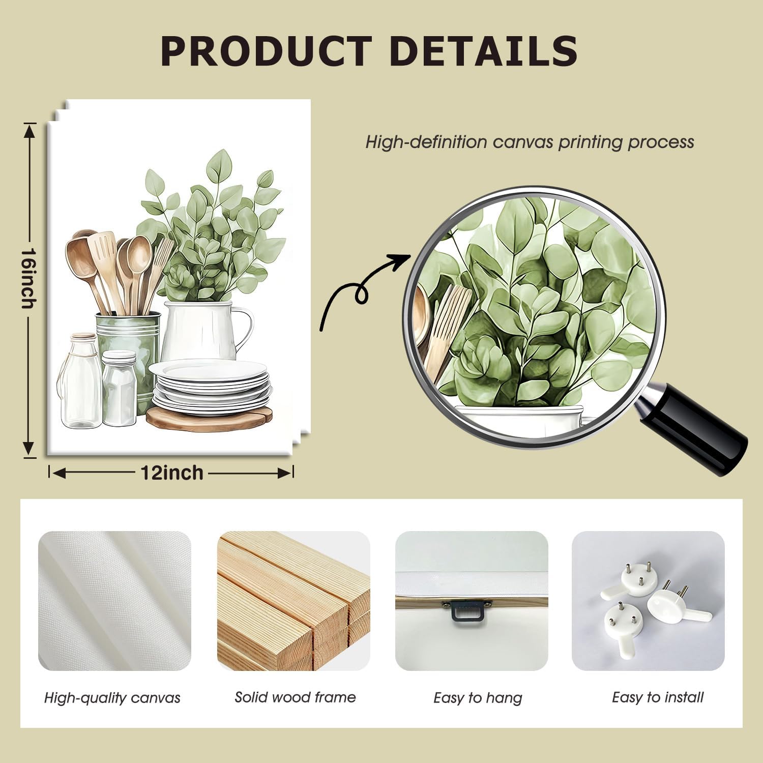 Doqueodas 3pcs Sage Green Kitchen Canvas Framed Wall Art Plant Farmhouse Style Utensils Images, Green Plant Minimalist Poster Print Suitable for Restaurant and Living Room Wall Decor 12x16 inch