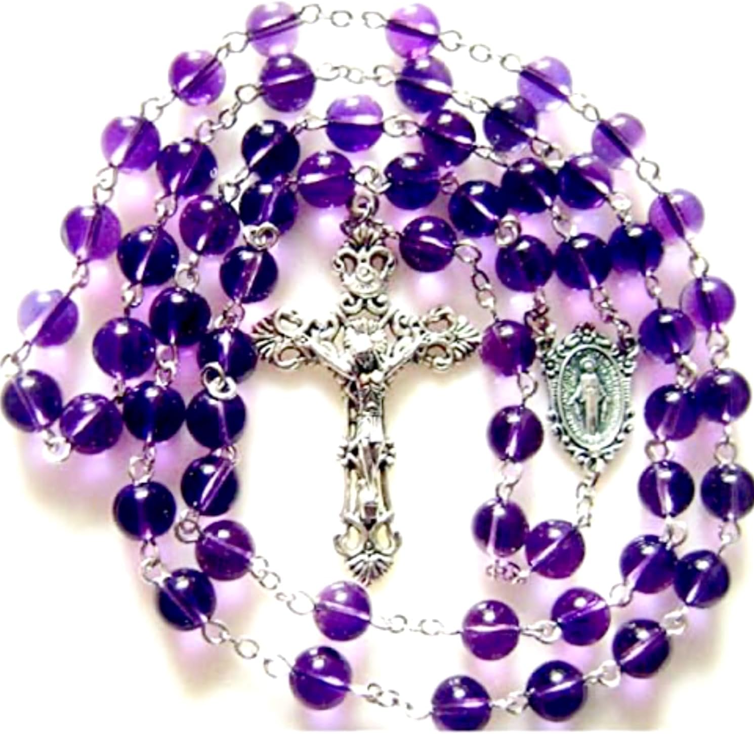 elegantmedical 8MM AMETHYST BEADS ROSARY CROSS CRUCIFIX CATHOLIC NECKLACE