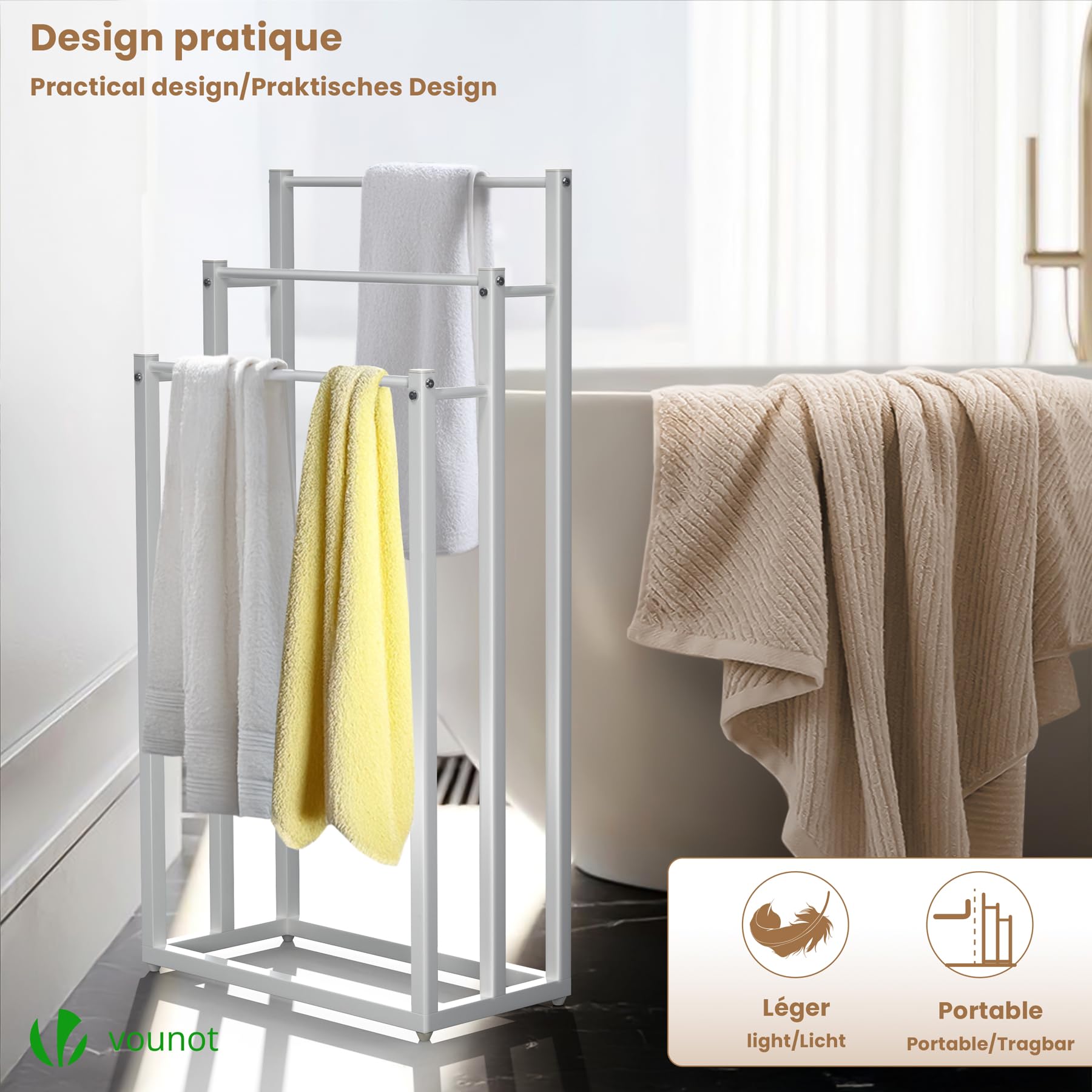 VOUNOT® Porta Asciugamani Bagno da Terra, Portasciugamani Autoportante in Metallo con 3 Bracci, Organizzatore per Bagno, 45x22x86 cm, Bianco
