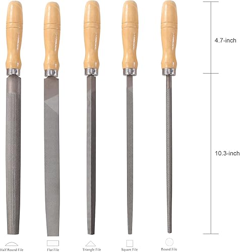 Miniatura 4 de Juego de limas de acero al carbono con asas de madera para madera, metal, plástico, 5 piezas (lima de acero, grande)
