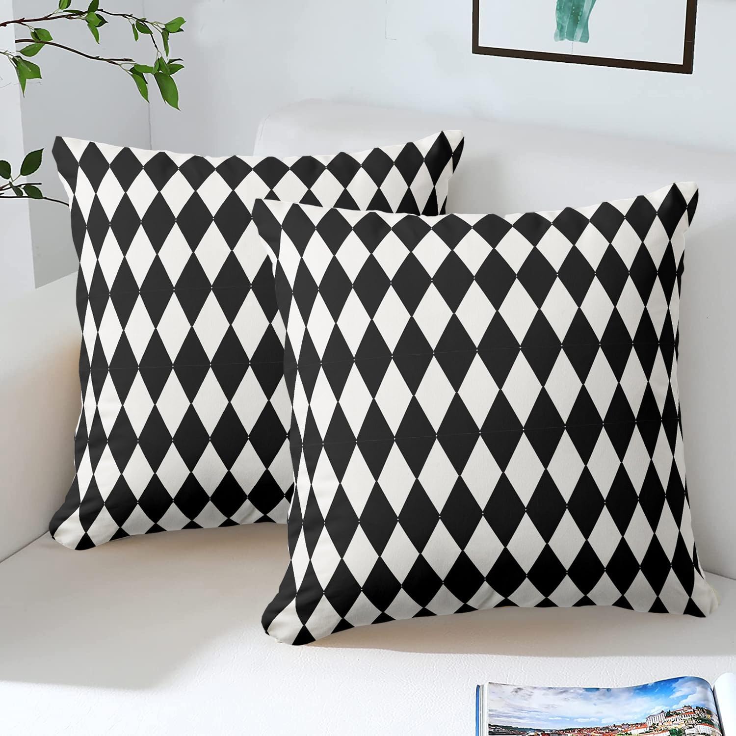 Black and White Harlequin Pattern Outdoor Pillow Covers 20 x 20inches Square Decorative Pillow Case for Sofa Couch Bed (Pillow Insert Not Include)
