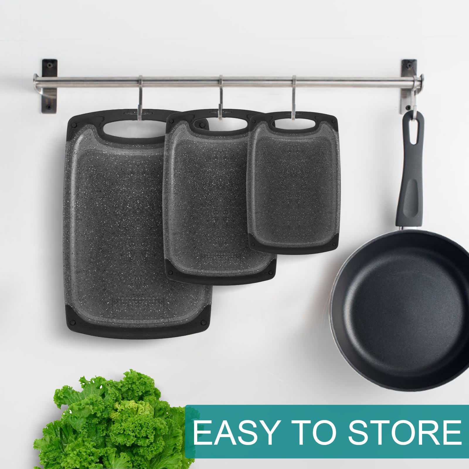 Tabla Cortar Cocina, Set 3 Tablas de Cortar de Plástico-40 x 24 cm/31 x 20 cm/25 x 15 cm, Sin BPA Con Ranura para Jugo y Prensa de Ajos, Tabla de cortar antibacteriana para Verduras, Frutas, Carnes