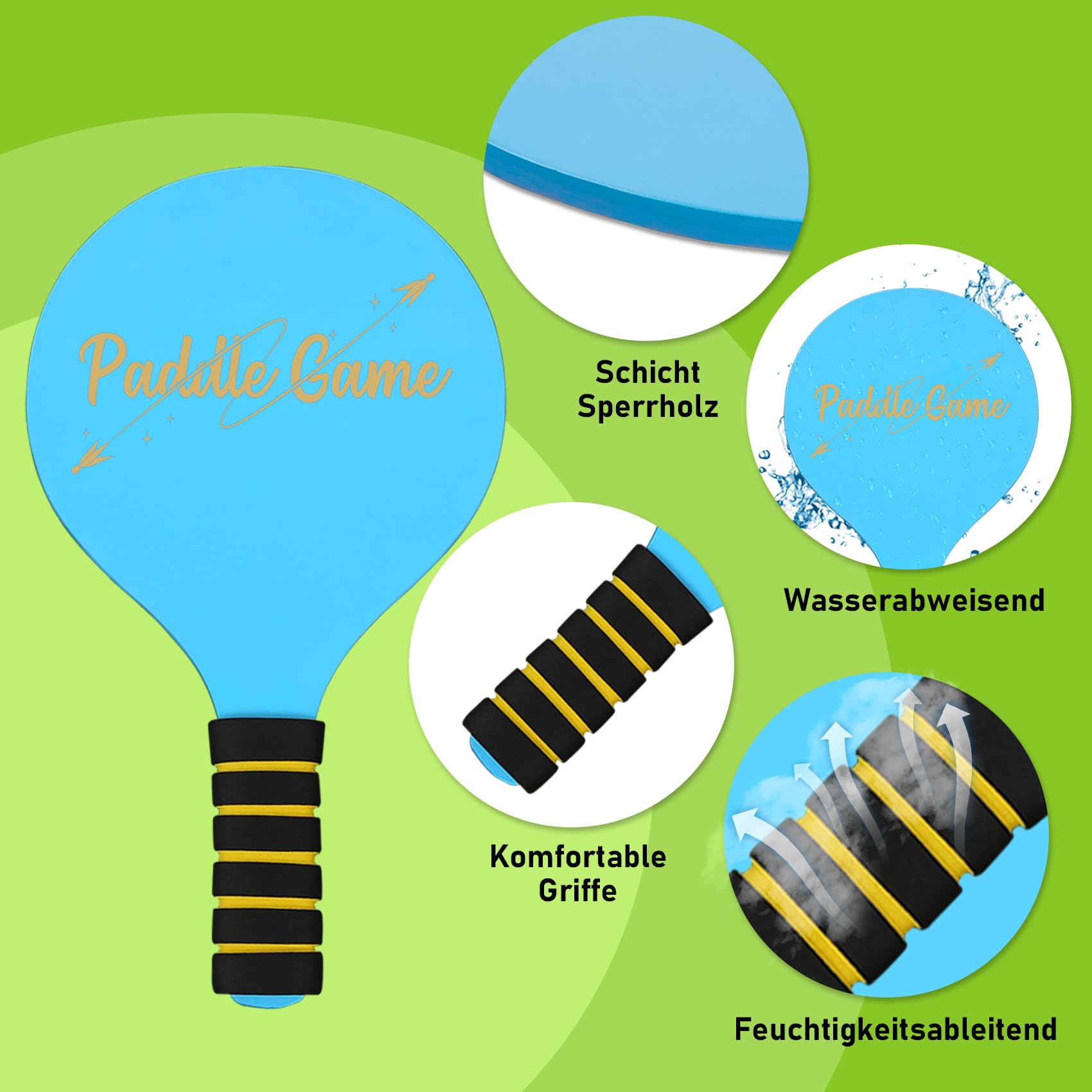 INPODAK Beach Ball Spiel Set,Strandball Schlägerset für Kinder,2 Schläger, 4 Federbälle, 2 Bälle,Paddleball Spielset,Sommer Strand Pool Garten Spiel für Familie und Party