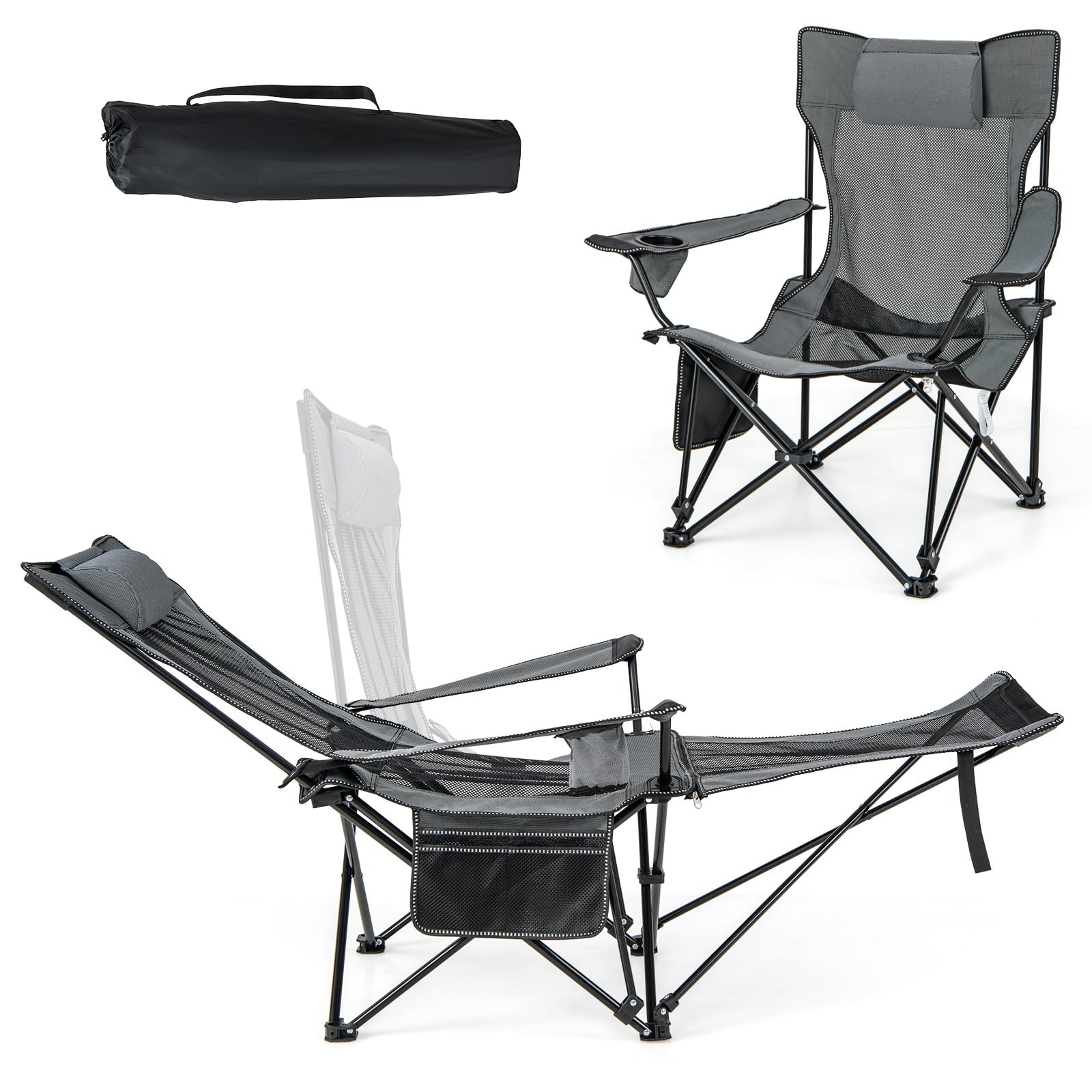 COSTWAY Chaise Pliante Camping, Chaise Longue Réglable sur 4 Positions, Repose-Pieds Amovible, Appui-Tête, Poche, Porte-Gobelet, Fauteuil Inclinable pour Plage Pêche Bureau, Charge 150 KG, Gris