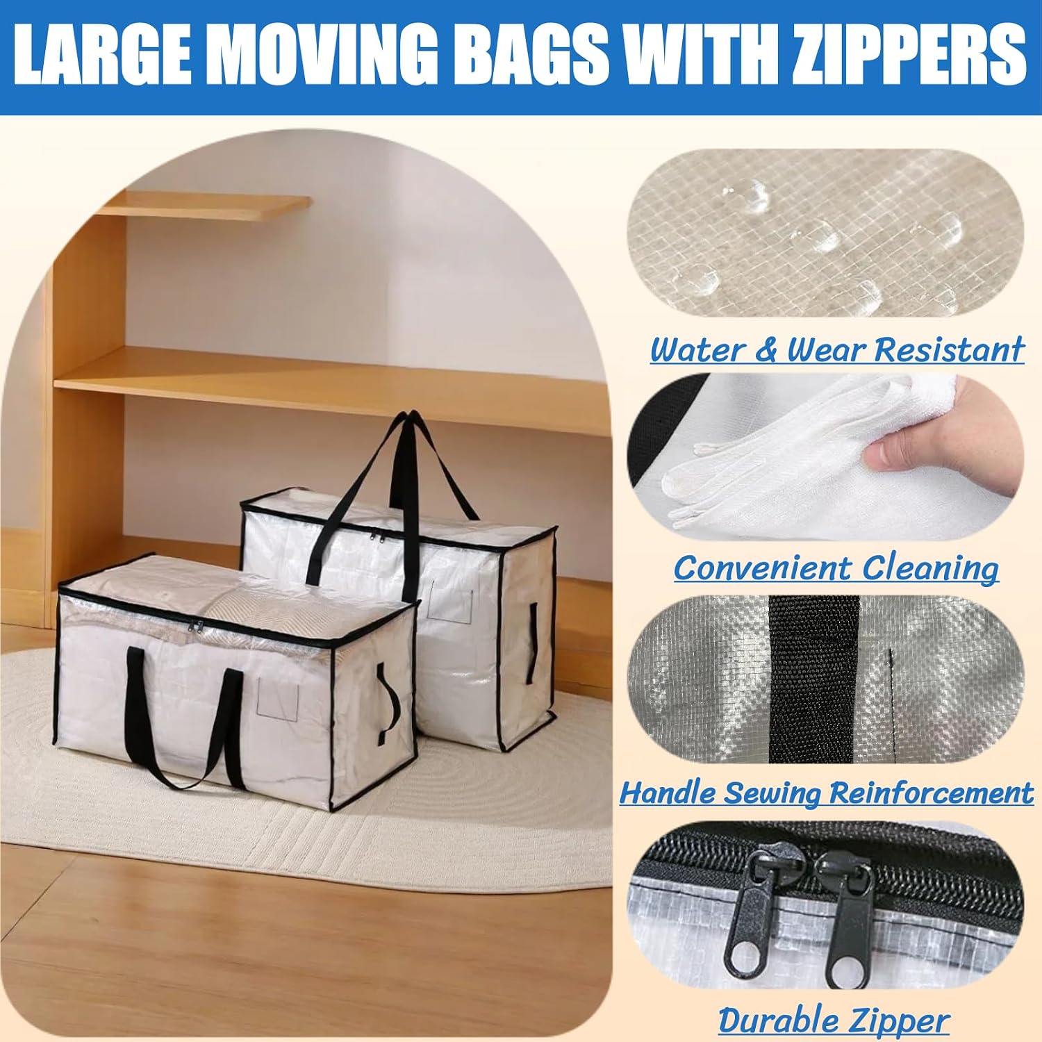 BLIRITEL Clear Extra Large Moving Bags,Heavy-Duty Waterproof Storage Tote Bag with Reinforced Handles & Zippers,Transparent Organizer for Clothes,Bedding,Dorm,Moving (Clear - 1 Pack, 88L)