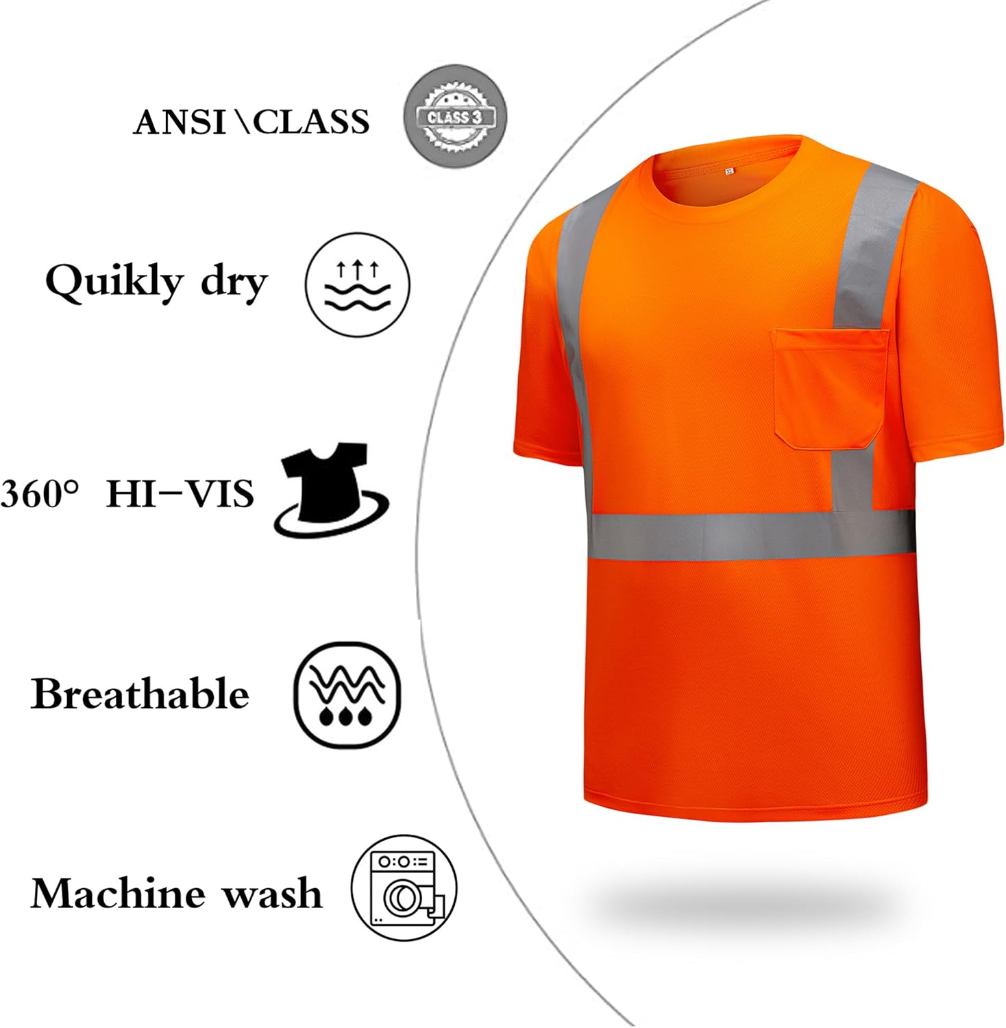 High Visibility Shirts Quick Dry Safety T Shirts with Reflective Strips and Pocket Short Sleeve Mesh Hi Vis Construction Work Class 2 Shirt for Men/Women Orange,Large - Image 3