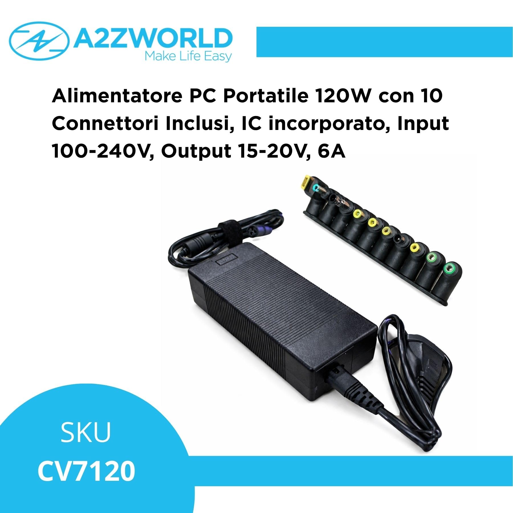 4 Pezzi Alimentatore Universale Laptop 120W con 10 Connettori Inclusi, Caricatore per PC Portatile Notebook, Input 100-240V, Output 15-20V 6A