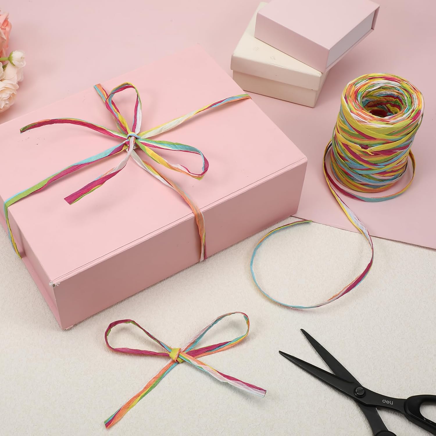 Colored Raffia Paper Ribbon, 262 Feet Packing Paper String 6 Colored Ribbon for Gift Wrapping, Raffia Wrapping Ribbons Twine for Gift Party Decor DIY Craft Decoration(Pink)