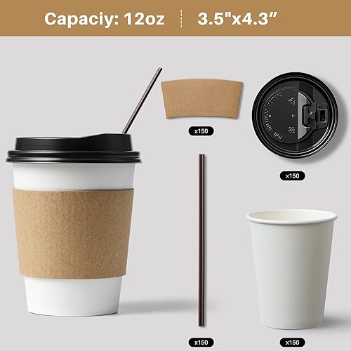 Miniatura 2 de AOZITA Tazas de café de 12 onzas con tapas, 150 juegos de vasos de papel con fundas y pajitas, vasos de papel desechables, tazas de café para