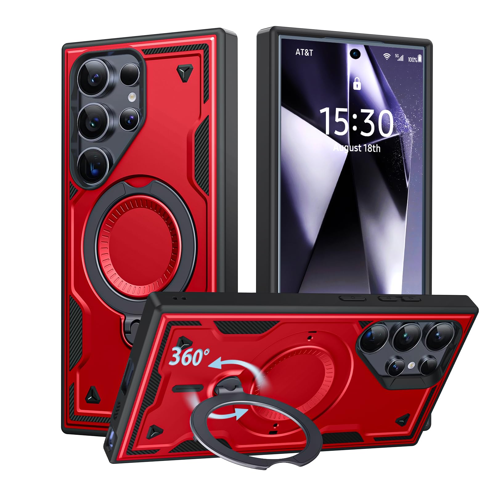 Galaxy S24 Ultra 用 ケース リング付き 隠しスタンド SC-52E SCG26 ギャラクシー S24 Ultra ケース 耐衝撃 縦横両対応 マグネット搭載 米軍MIL規格 360度回転スタンド 車載ホルダー ワイヤレス充電 携帯カバー 赤 Q-TH-S24U-02