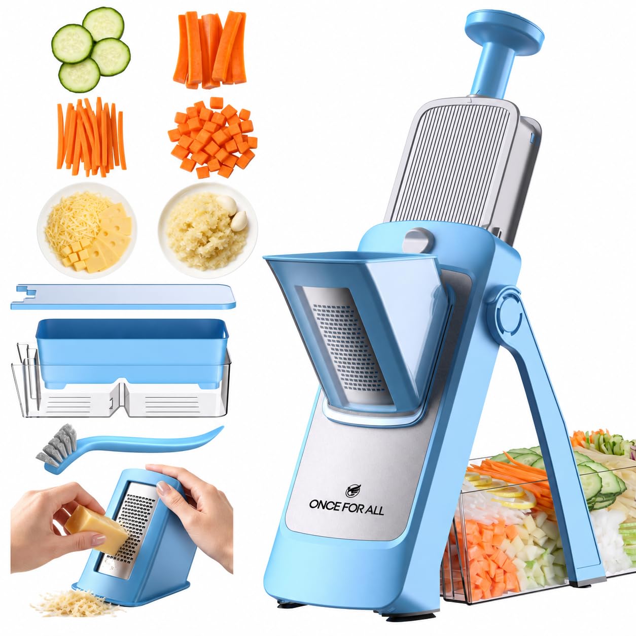 ONCE FOR ALL Safe Mandoline Slicer Pro, Food Slicer with Container, Blue