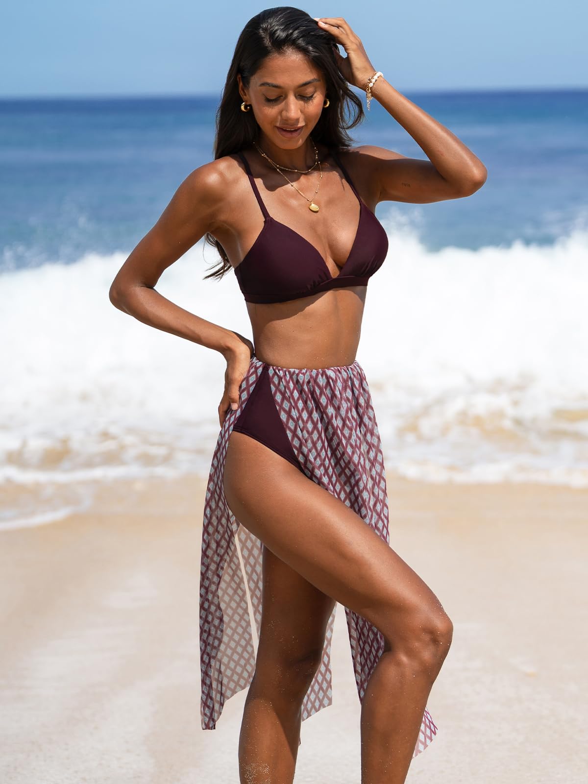 CUPSHE Damski zestaw bikini z wysokim stanem kontrola brzucha strój kąpielowy skromny pełne pokrycie kostium kąpielowy krzyżujący się krawat