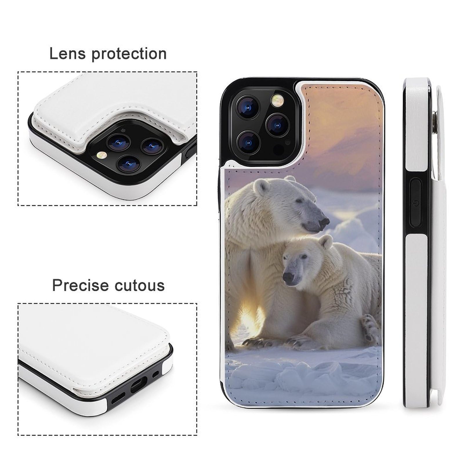 Fundas tipo cartera para iPhone 12 Pro, estampado de oso polar, funda de piel con ranuras para tarjetas