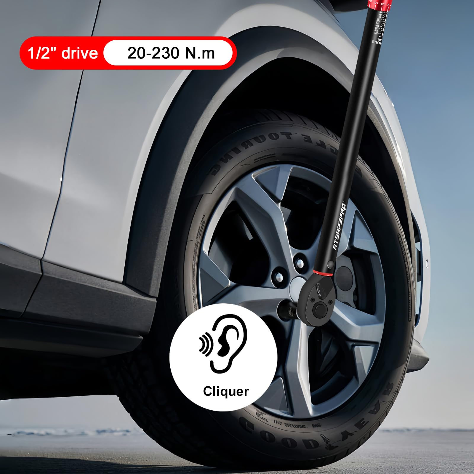 ATsafepro Clé Dynamométrique 1/2" 20-230 Nm,avec Adaptateur 1/2" à 3/8" et Barre d'Extension 125 mm,Précision ±3% 72 Dents pour Voiture, Moto, Camion