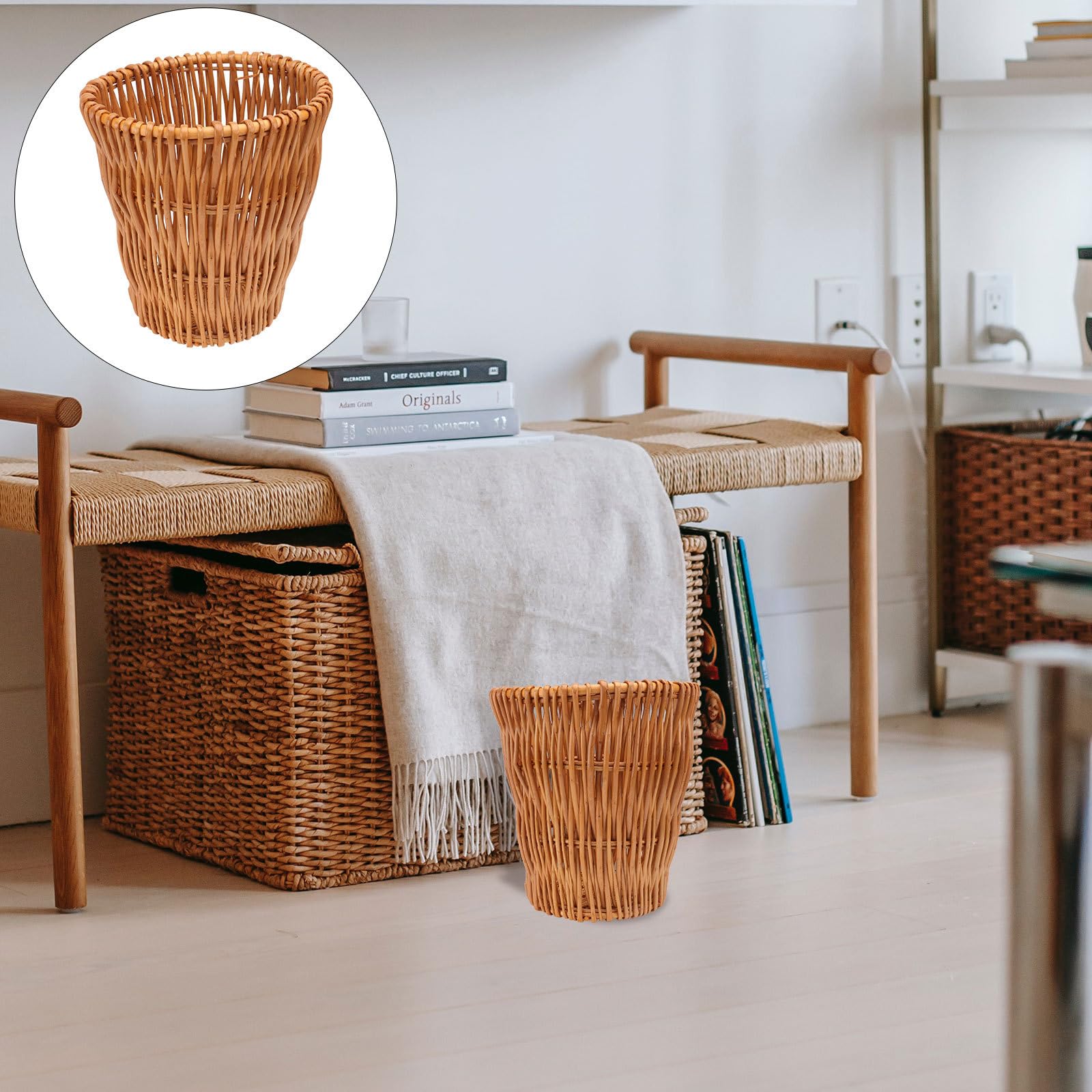 Cesto de Basura Tejido de Mimbre Beige Multiusos para Dormitorio y Oficina, Fácil de Mover Diseño Delicado y Estilo Cálido
