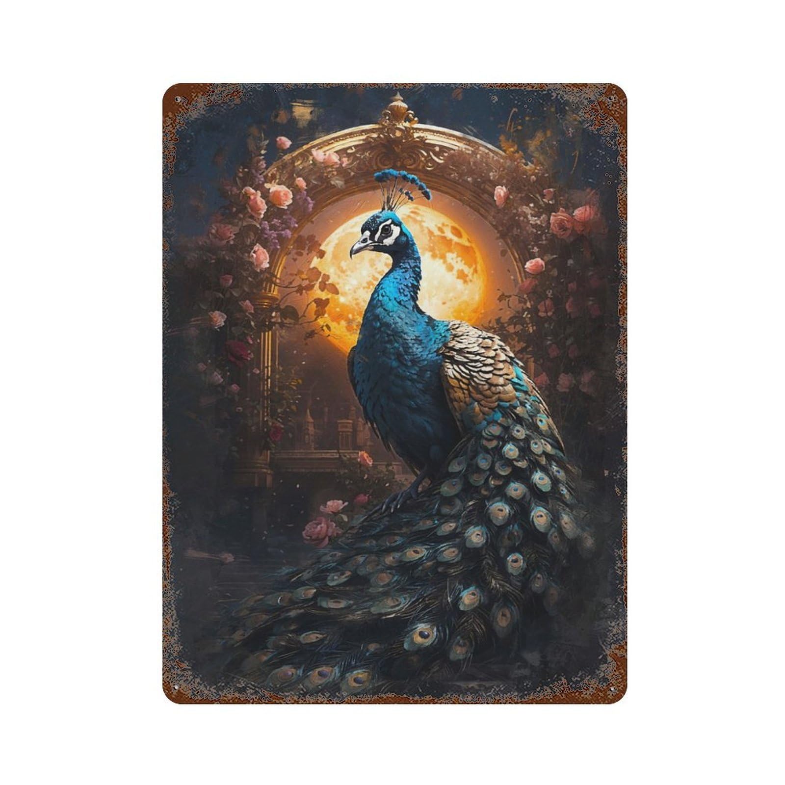 A Peacock in Moonlight Vintage Metal Tin Sign 15.7"x11.8", Novelty Wall Decor for Garage, Pub Or Kitchen