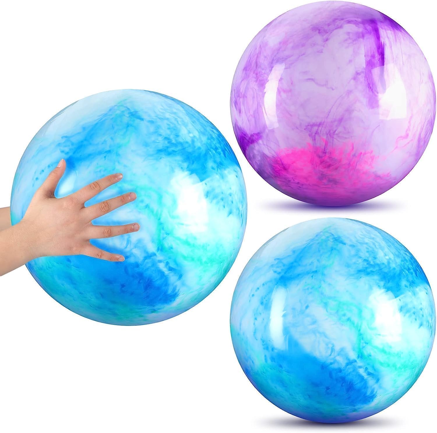 ChicAbode 2 Pcs 15 Inches Marbleized Bouncy Balls, Large Size Ball Inflatable Rubber Playground Sensory Balls Bouncy Toys Balls, for Kid Adults Pet Outdoor School Water(Blue and Purple)