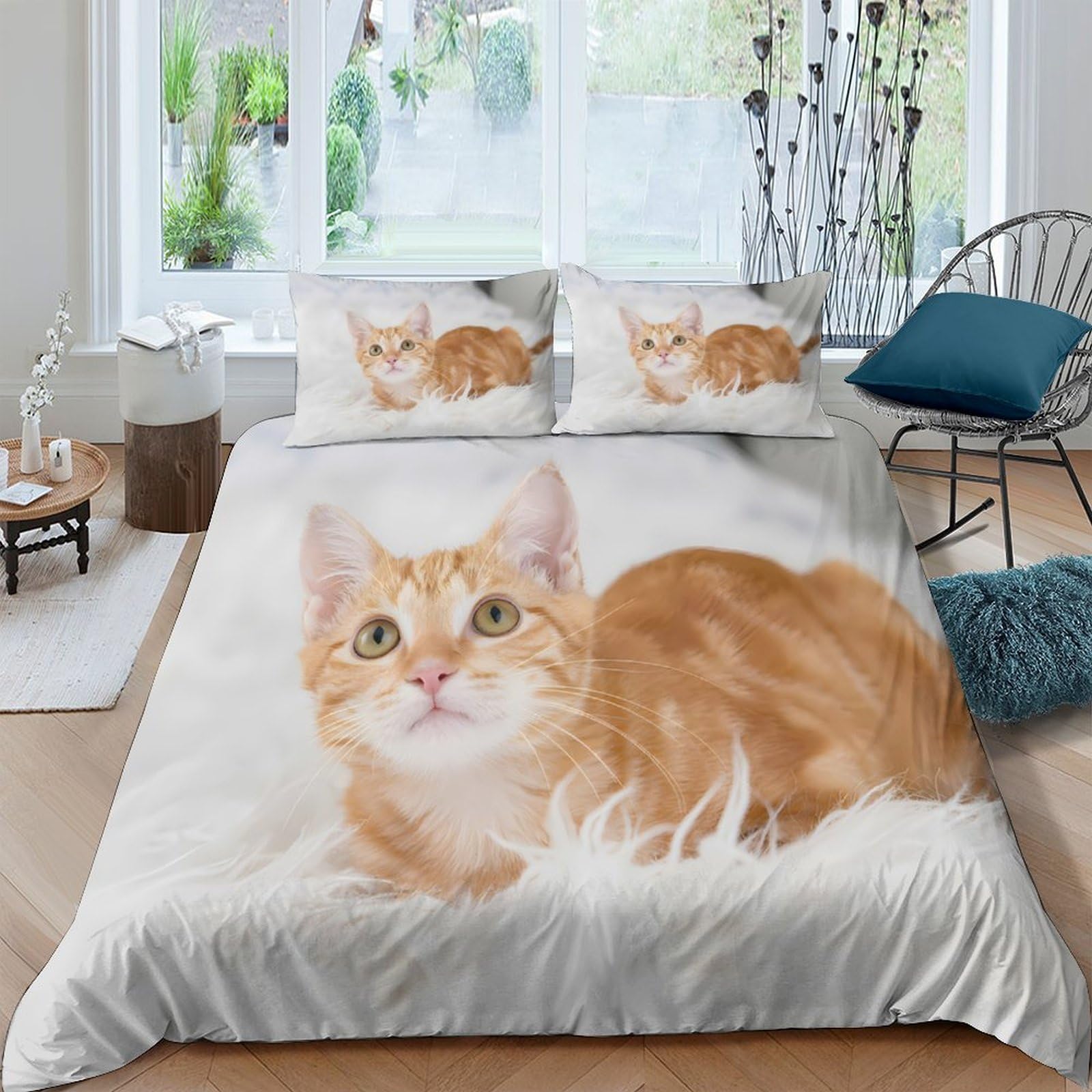 TUFRTGYHN 3D Printed Ginger Cat Duvet Cover Microfiber Soft Breathable Orange Tabby Bedding Set with 2 Pillowcases for Bedroom Decor Single（135x200cm）