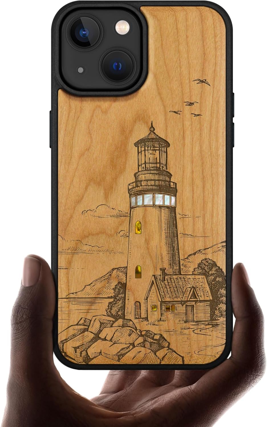 Carveit Designer Wooden Protective Magnetic Case for iPhone 14 Case [Wood Engraving & Shell Inlay] Compatible with iPhone 14 MagSafe (A Flashing Lighthouse-Cherry)